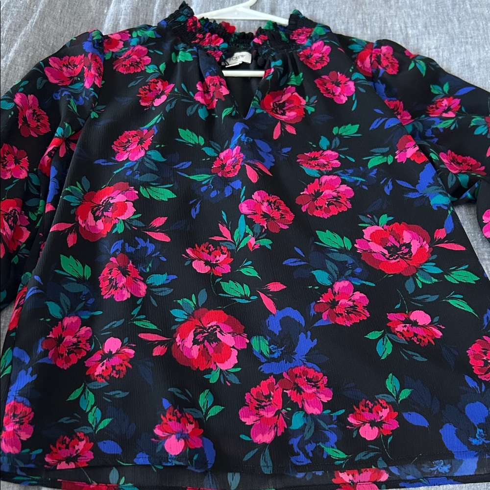 J. Crew Smocked Keyhole Blouse Black with Pink, Red and Blue Floral Design
